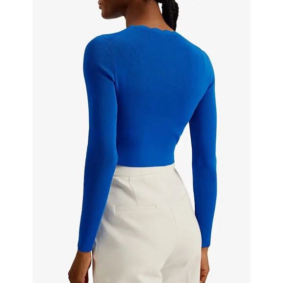 TED BAKER LONDON Kklara Scallop-Trim Stretch-Knit Cardigan Size 4 - Mid-Blue - Picture 2 of 11